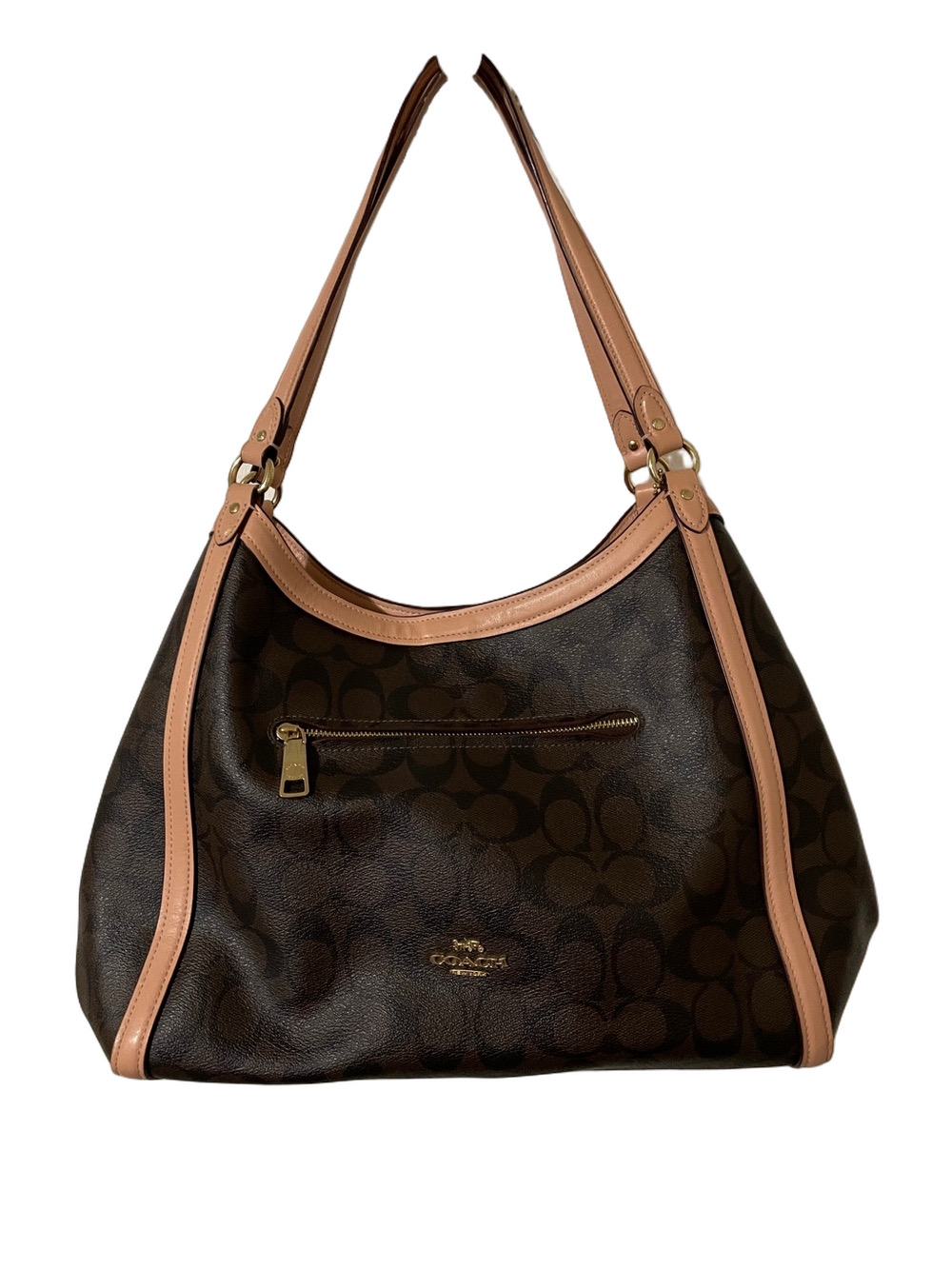 Coach Kristy Signature Canvas Shoulder Bag with Pink Leather Trim